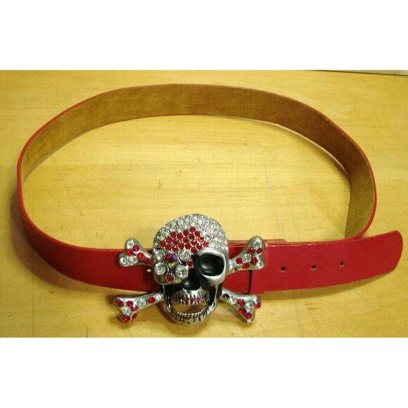Rhinestone Skull Cross Bone Buckle Red Leather Belt Size XL 42-44 Punk Goth Rock main image 9